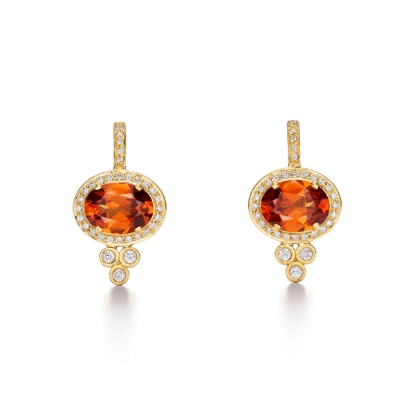 18K Mandarin Garnet Halo Pyramid Earrings