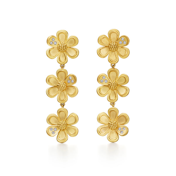 18K Golden Flower Triple Drop Earrings