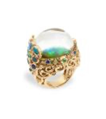 18K Medusa Moon Jellyfish Ring with Australian Andamooka opal, Lightening Ridge black opal, tsavorite, sapphire, hauyn, rock crystal and diamond