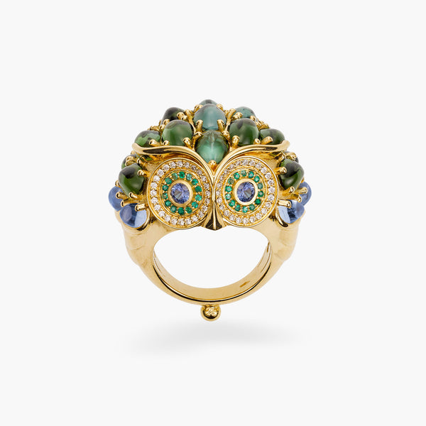 18K Indicolite Temple Owl Ring